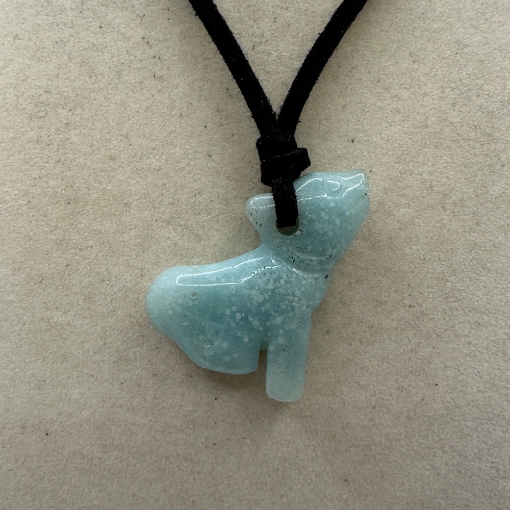 Unique Wolf Shaped Caribbean Calcite Pendant Necklace in Black Faux Suede - Picture 3 of 9